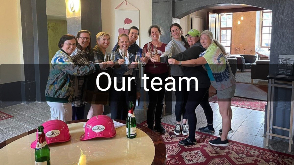 Group picture of AWROA organizers, mentors and speakers toasting at Schloss Mutzschen with picture overlay